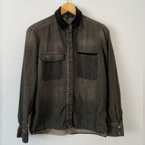 Maje Black Denim Button Up Shirt with Velvet Trim, Womens Size 1 (Small) Cotton